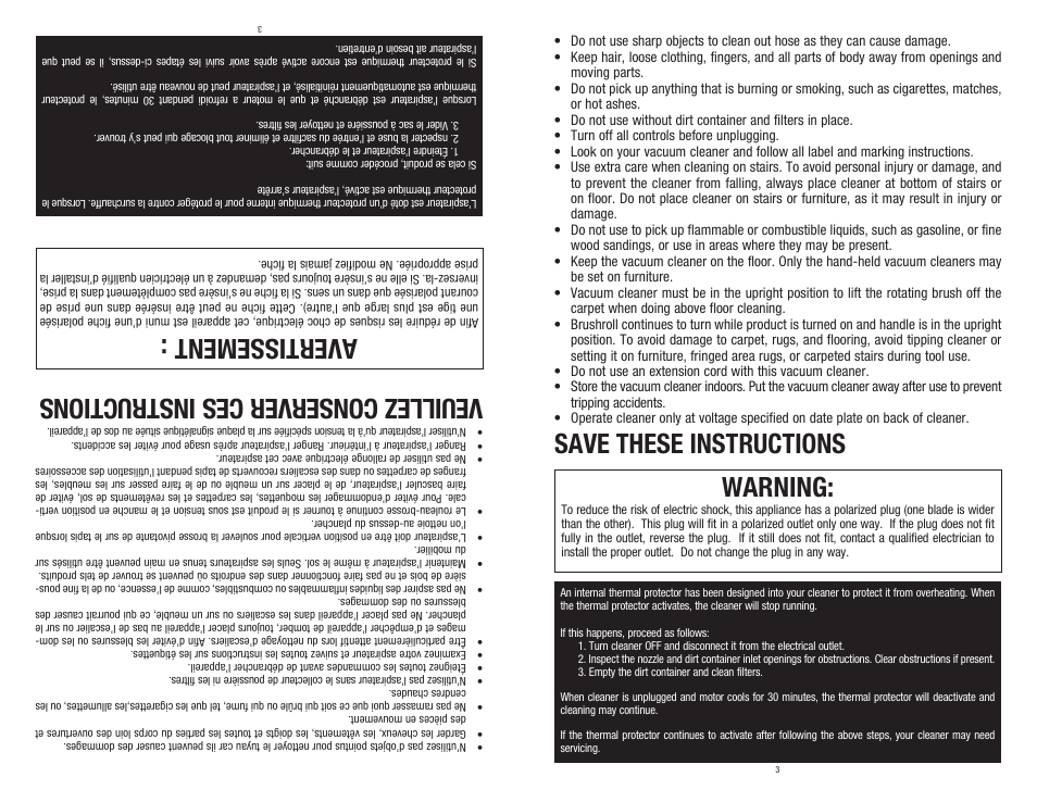 Avertissement, Warning, Save these instructions | Veu ill ez con ser ver ce s in str uct ion s | Dirt Devil 960-009-627 User Manual | Page 3 / 17