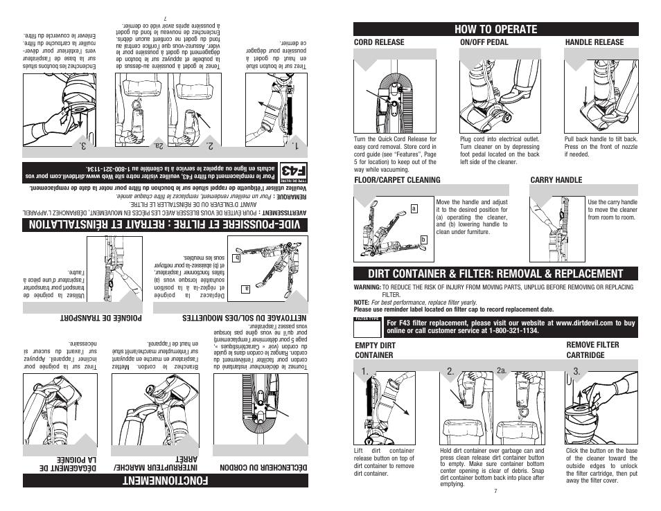 Dirt container & filter: removal & replacement, How to operate, Fonctionnement | Dirt Devil 960-009-627 User Manual | Page 7 / 17