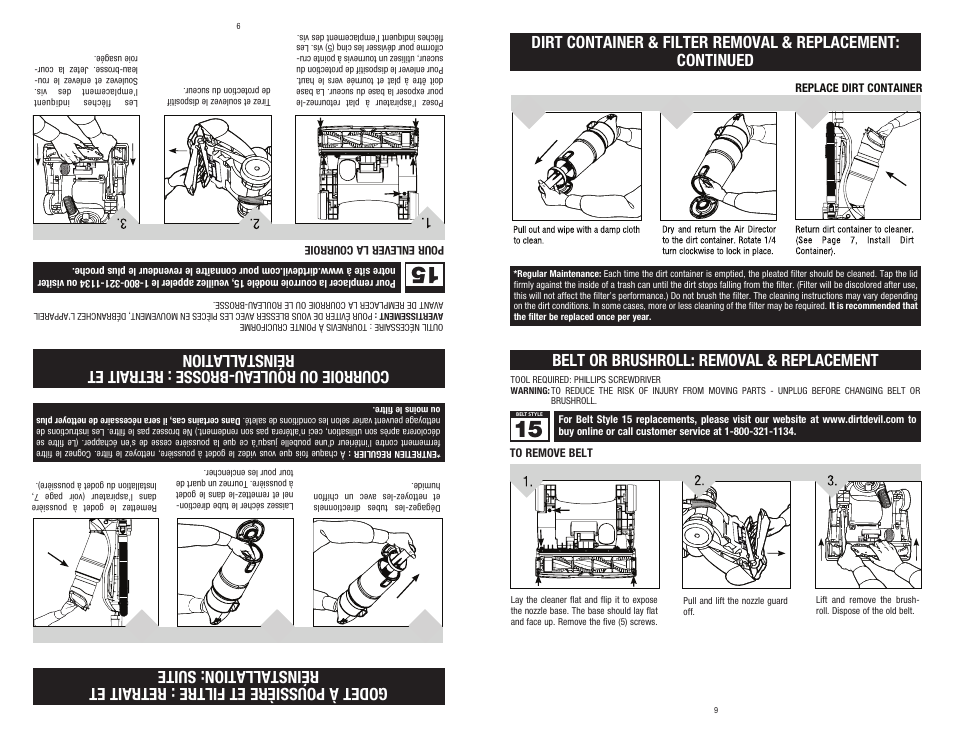 Belt or brushroll: removal & replacement | Dirt Devil 960-009-627 User Manual | Page 9 / 17