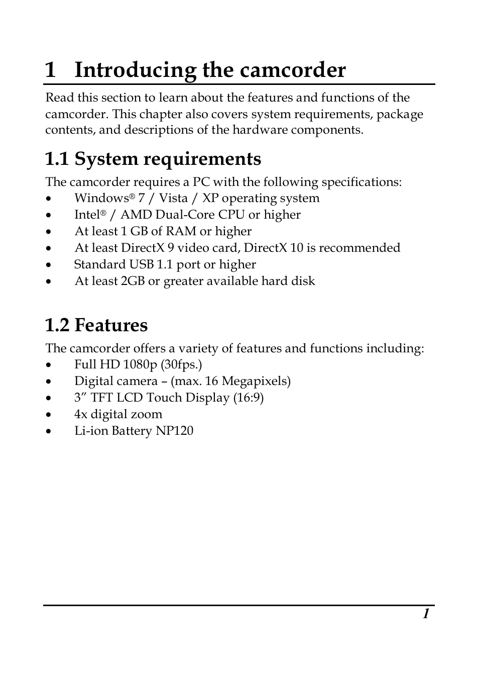 1 introducing the camcorder, 1 system requirements, 2 features | PRAKTICA DVC5.6 User Manual | Page 10 / 65