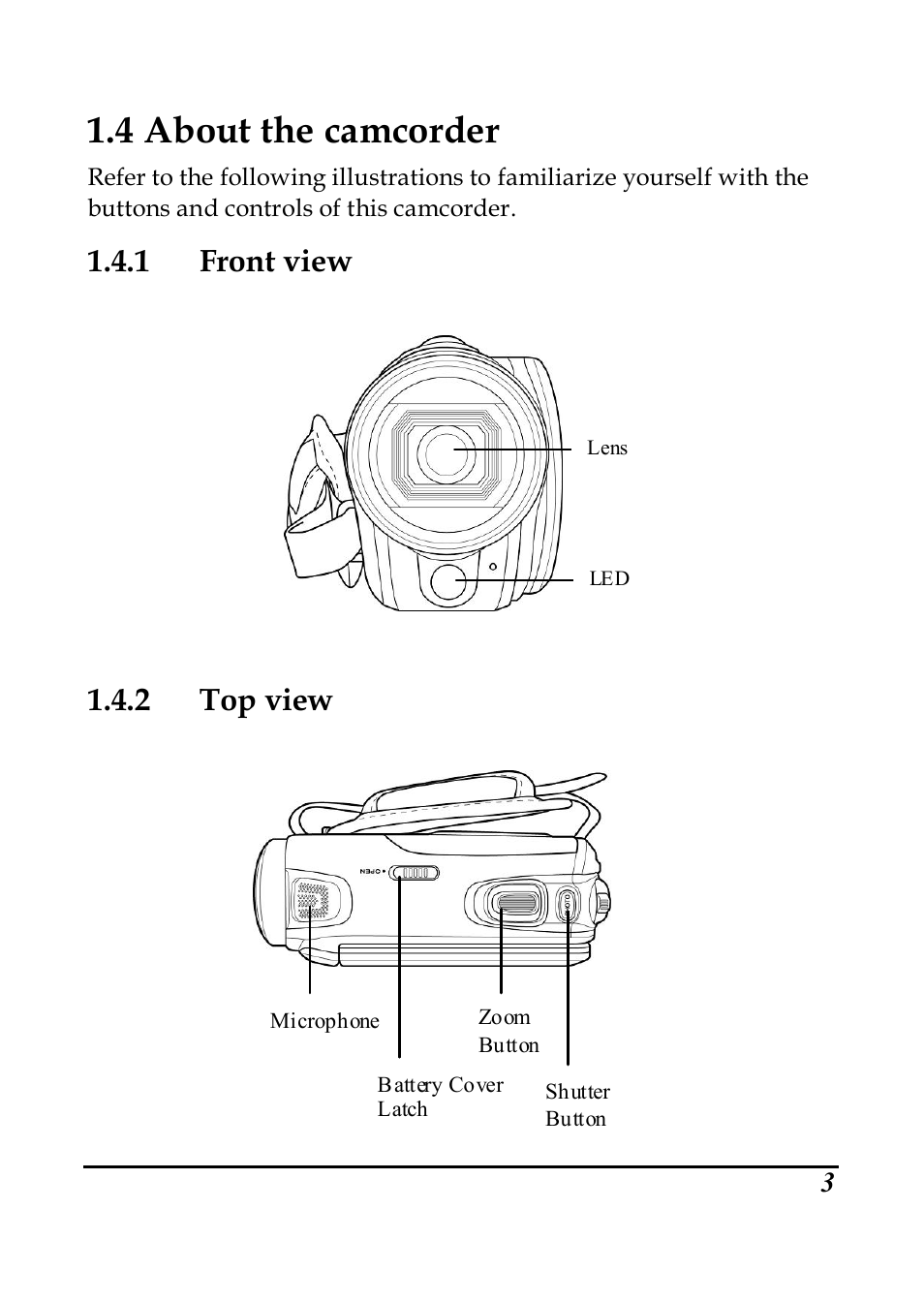 4 about the camcorder, 1 front view, 2 top view | PRAKTICA DVC5.6 User Manual | Page 12 / 65