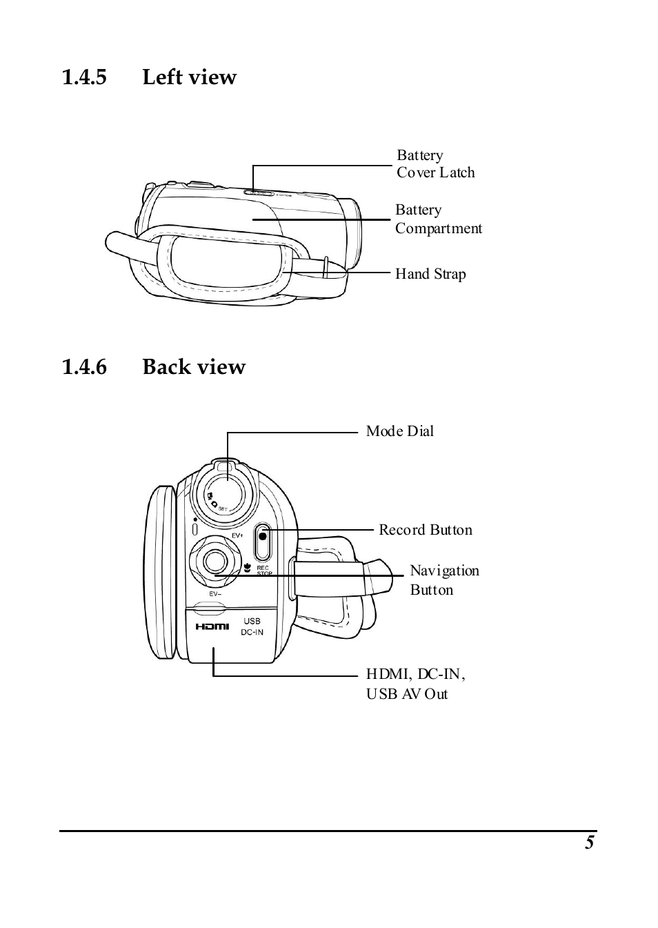 5 left view, 6 back view | PRAKTICA DVC5.6 User Manual | Page 14 / 65