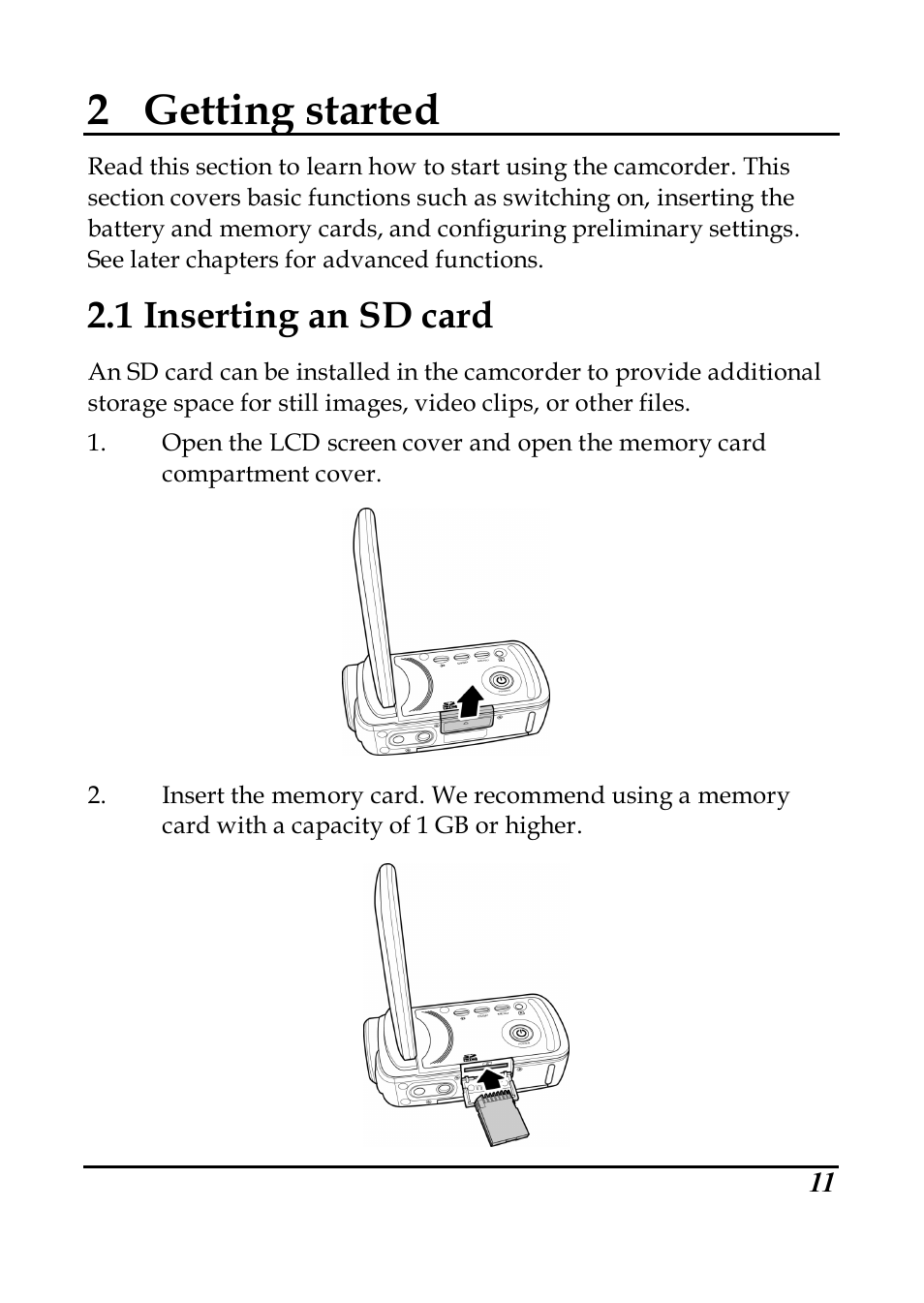 2 getting started, 1 inserting an sd card | PRAKTICA DVC5.6 User Manual | Page 20 / 65