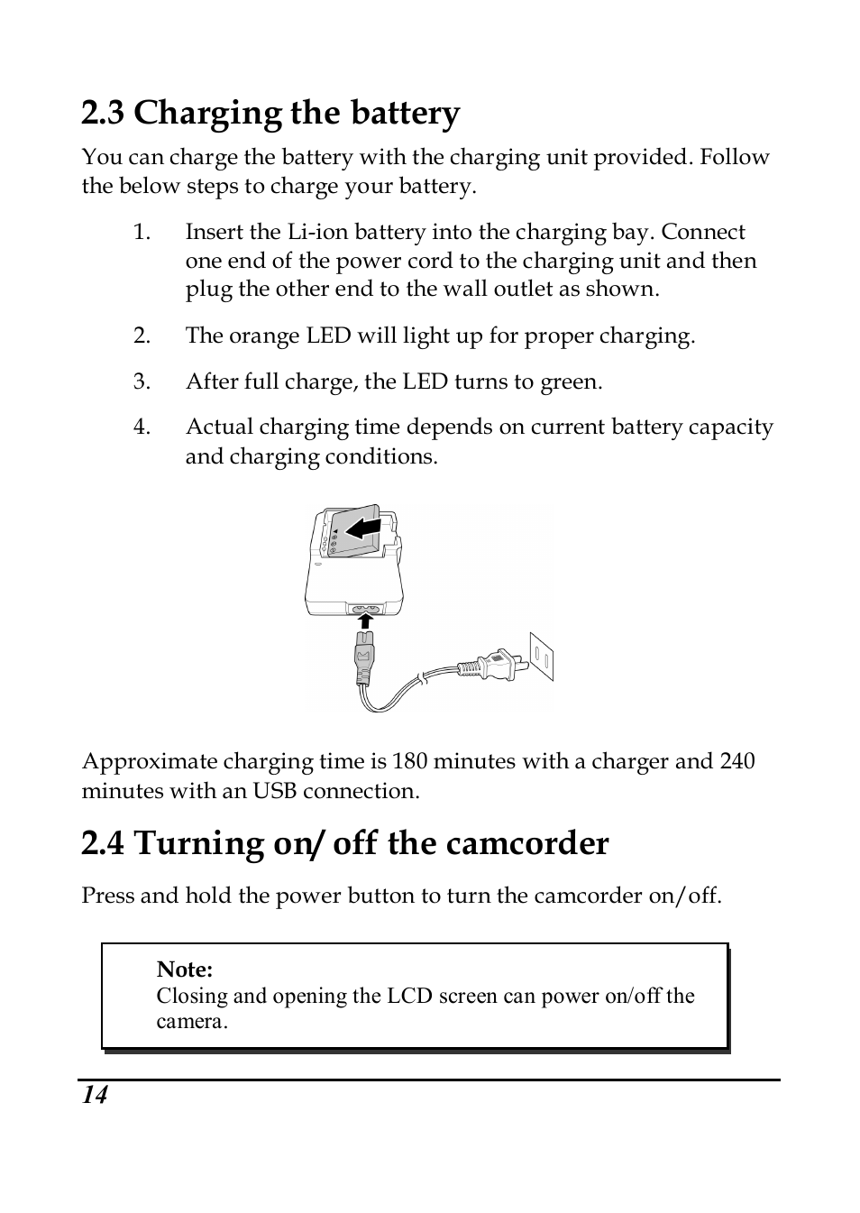 3 charging the battery, 4 turning on/ off the camcorder | PRAKTICA DVC5.6 User Manual | Page 23 / 65