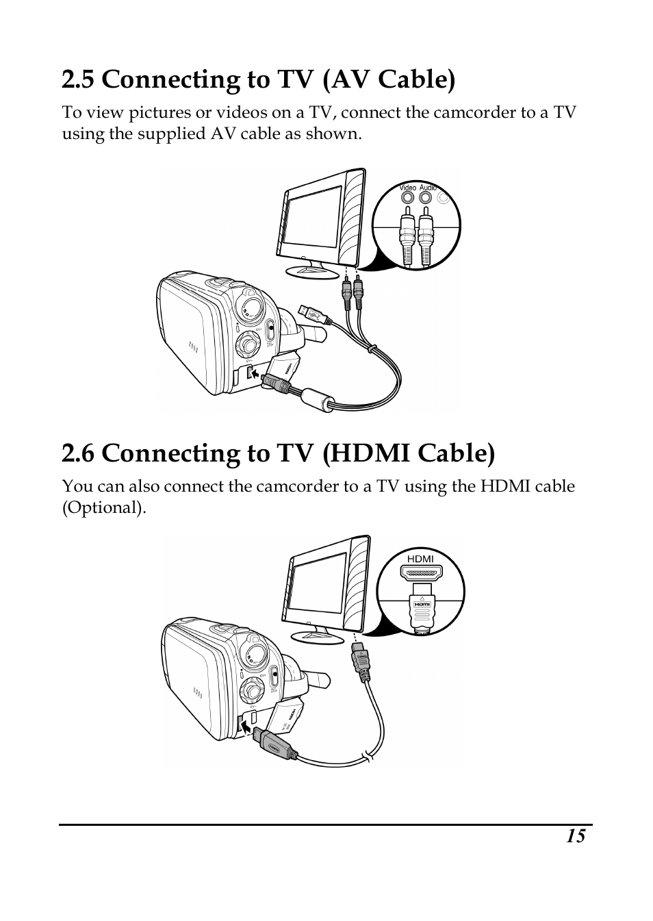5 connecting to tv (av cable), 6 connecting to tv (hdmi cable) | PRAKTICA DVC5.6 User Manual | Page 24 / 65