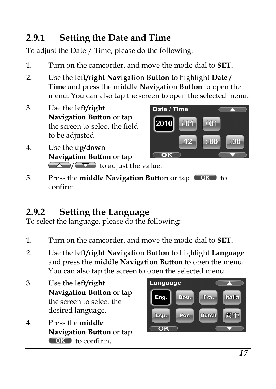 1 setting the date and time, 2 setting the language | PRAKTICA DVC5.6 User Manual | Page 26 / 65