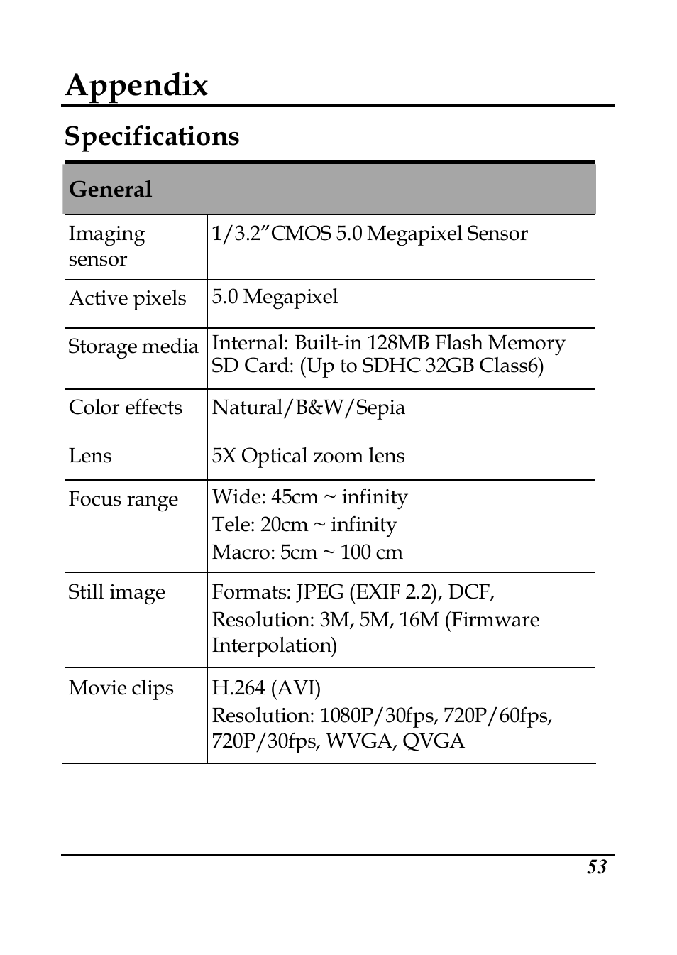 Appendix, Specifications | PRAKTICA DVC5.6 User Manual | Page 62 / 65