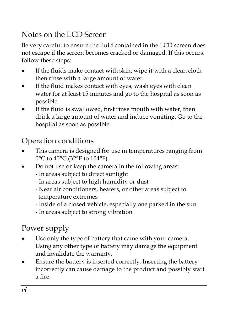 Operation conditions, Power supply | PRAKTICA DVC5.6 User Manual | Page 7 / 65