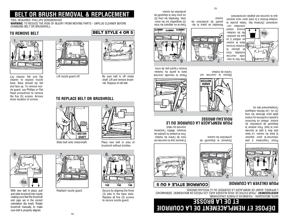 Belt or brush removal & replacement, Belt style 4 or 5, Pour remplacer la courroie ou le rouleau-brosse | Courroie style 4 ou 5, Pour enlever la courroie | Dirt Devil UD40235B User Manual | Page 10 / 18