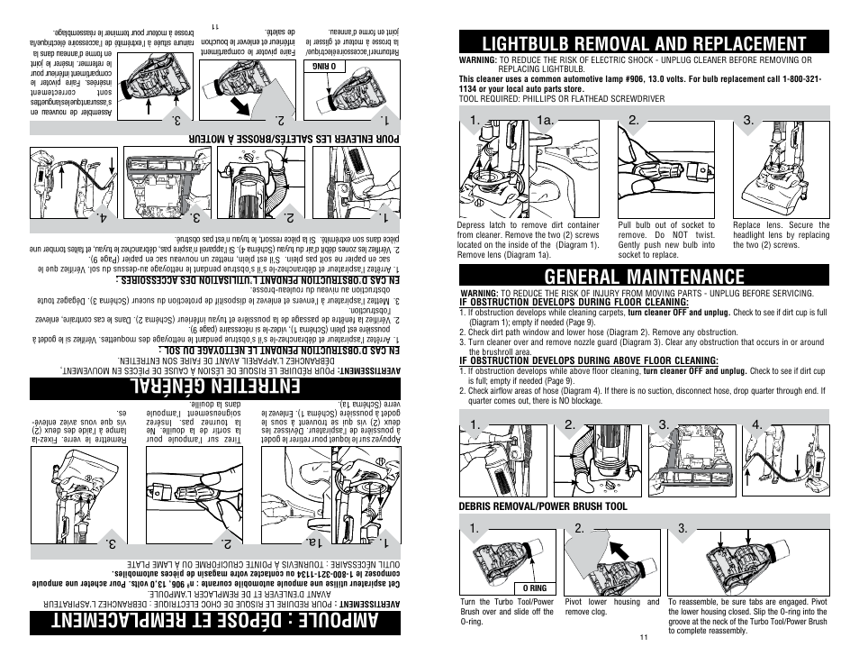 General maintenance, Ampoule : dépose et remplacement entretien général, Lightbulb removal and replacement | Dirt Devil UD40235B User Manual | Page 11 / 18