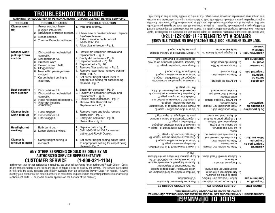 Troubleshooting guide, Guide de dépannage | Dirt Devil UD40235B User Manual | Page 12 / 18