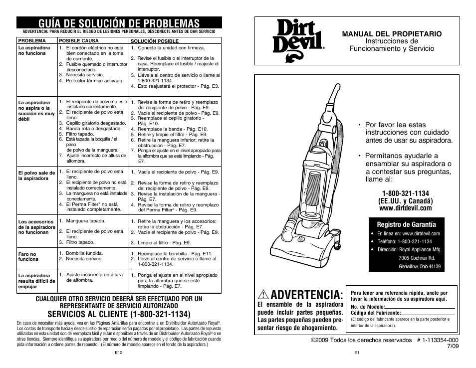 Advertencia, Guía de solución de problemas, Registro de garantía | Dirt Devil UD40235B User Manual | Page 13 / 18