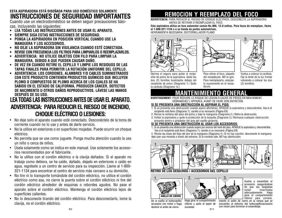 Instrucciones de seguridad importantes, Mantenimiento general, Remocion y reemplazo del foco | Dirt Devil UD40235B User Manual | Page 14 / 18