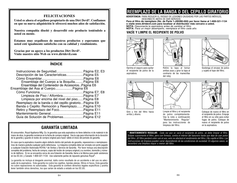 Reemplazo de la banda o del cepillo giratorio, Garantía limitada | Dirt Devil UD40235B User Manual | Page 16 / 18