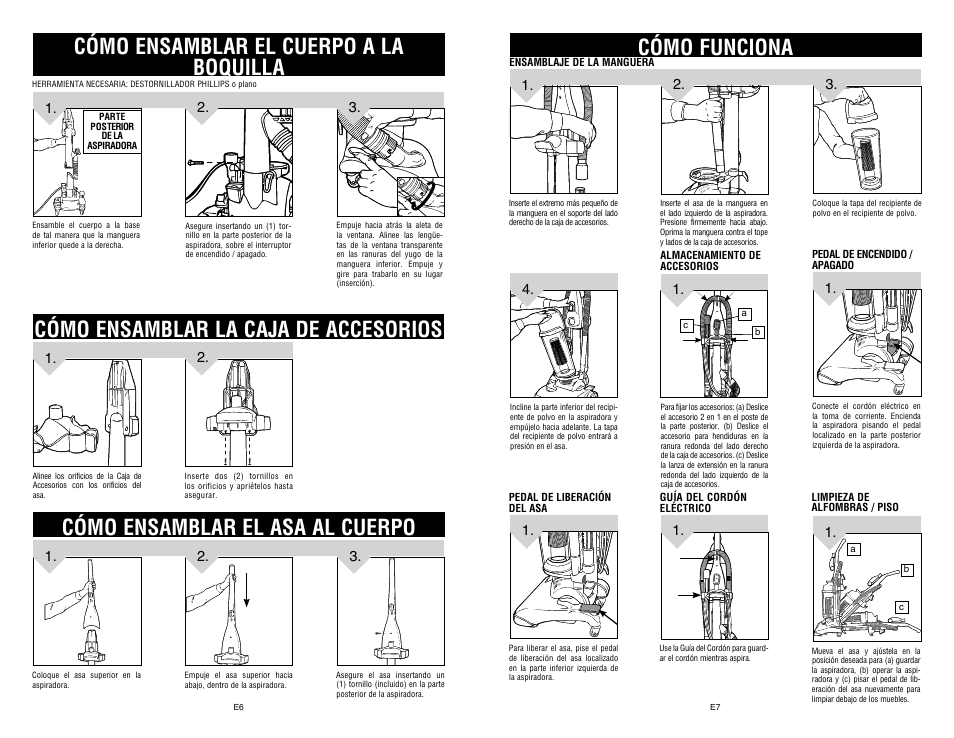 Cómo ensamblar el asa al cuerpo, Cómo ensamblar el cuerpo a la boquilla, Cómo ensamblar la caja de accesorios | Cómo funciona | Dirt Devil UD40235B User Manual | Page 18 / 18