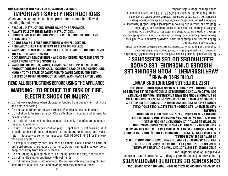 Important safety instructions, Consignes de sécurité importantes, Read all instructions before using the appliance | Dirt Devil UD40235B User Manual | Page 2 / 18