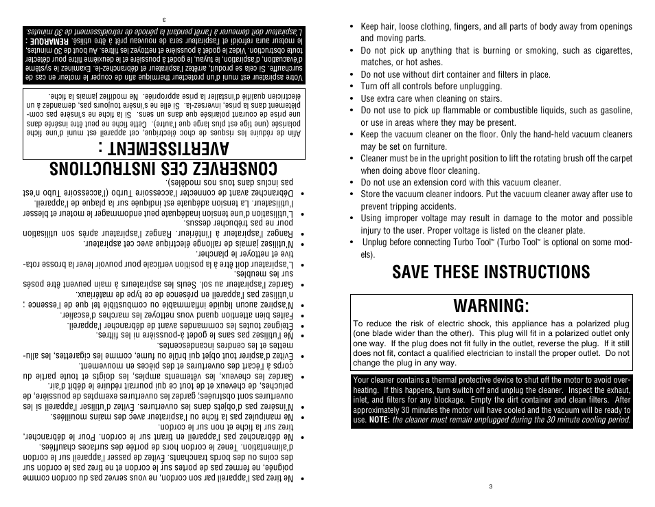 Save these instructions warning, Conservez ces instructions, Avertissement | Dirt Devil UD40235B User Manual | Page 3 / 18
