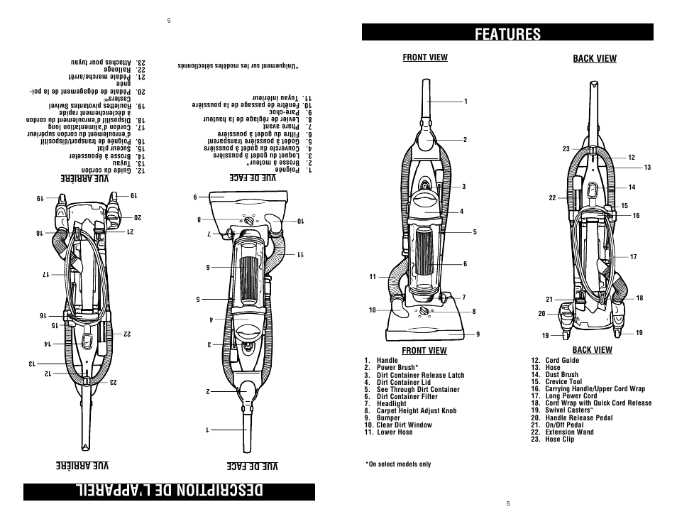 Features, Description de l’appareil | Dirt Devil UD40235B User Manual | Page 5 / 18
