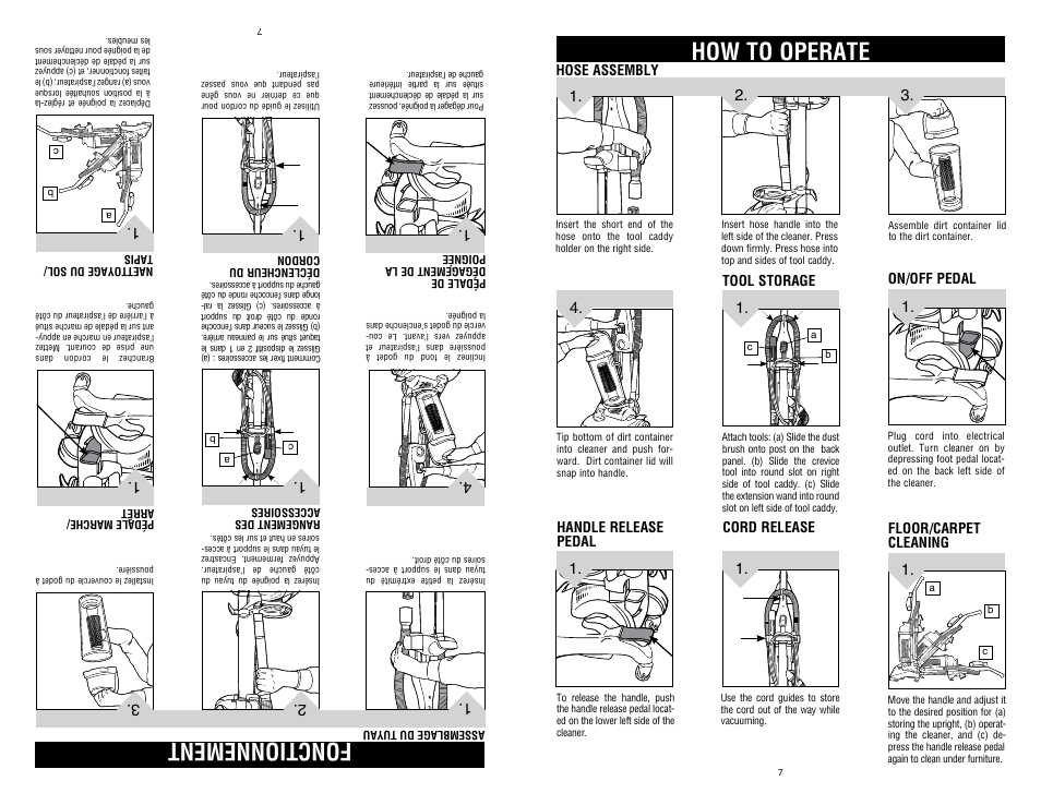 How to operate, Fonctionnement, On/off pedal floor/carpet cleaning | Hose assembly, Handle release pedal, Cord release, Tool storage | Dirt Devil UD40235B User Manual | Page 7 / 18