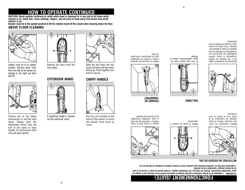 How to operate continued, Fonctionnement (suite), Above floor cleaning | Carry handle, Extension wand | Dirt Devil UD40235B User Manual | Page 8 / 18