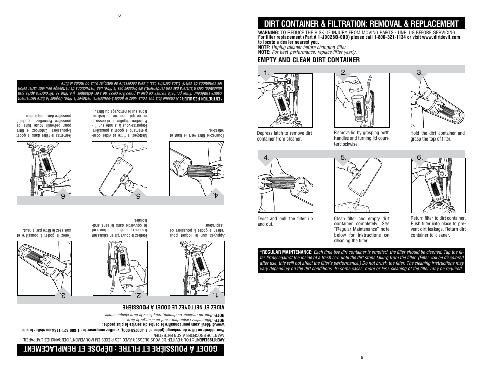 Dirt container & filtration: removal & replacement, Empty and clean dirt container | Dirt Devil UD40235B User Manual | Page 9 / 18