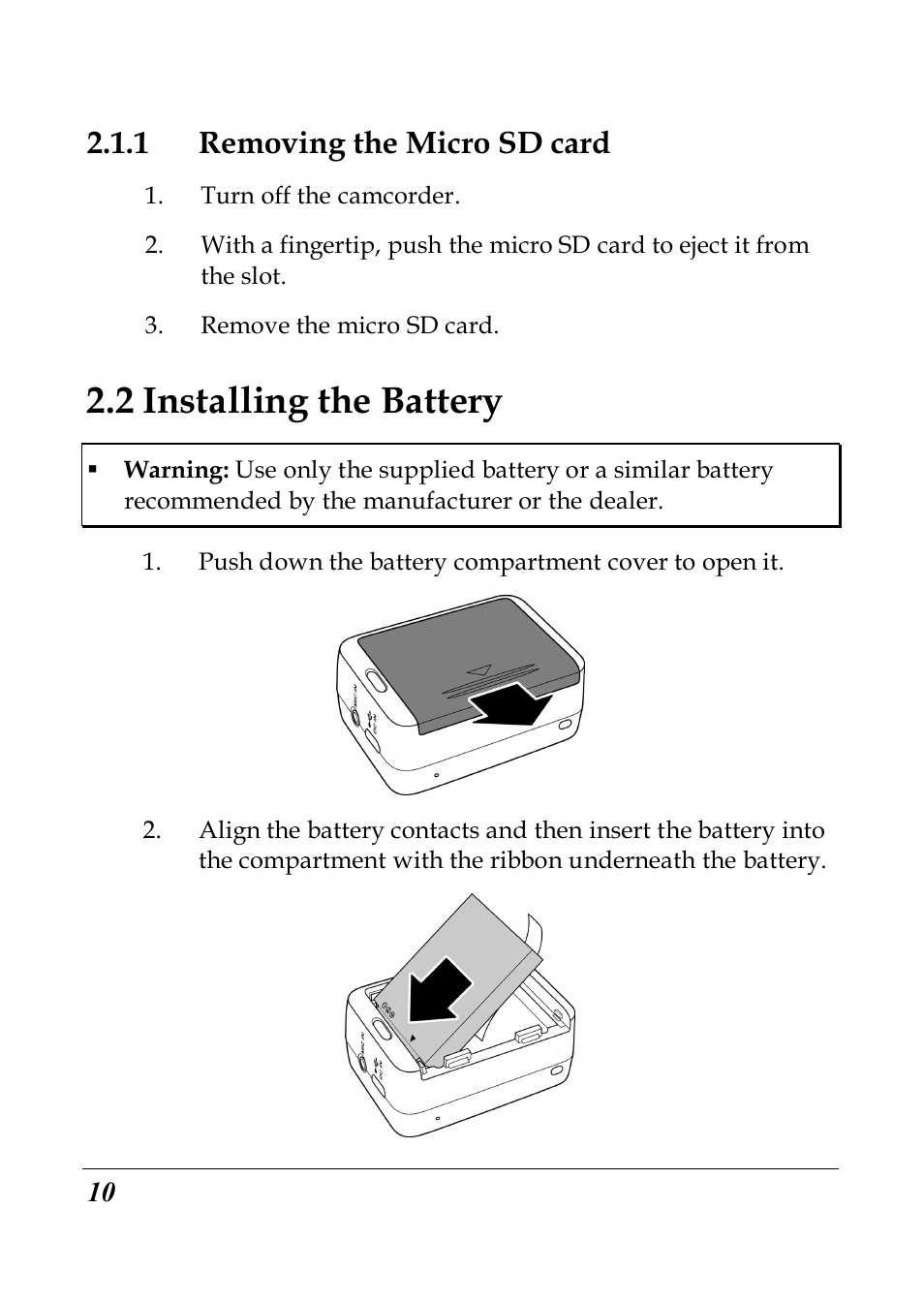 2 installing the battery, 1 removing the micro sd card | PRAKTICA SC1 User Manual | Page 22 / 65