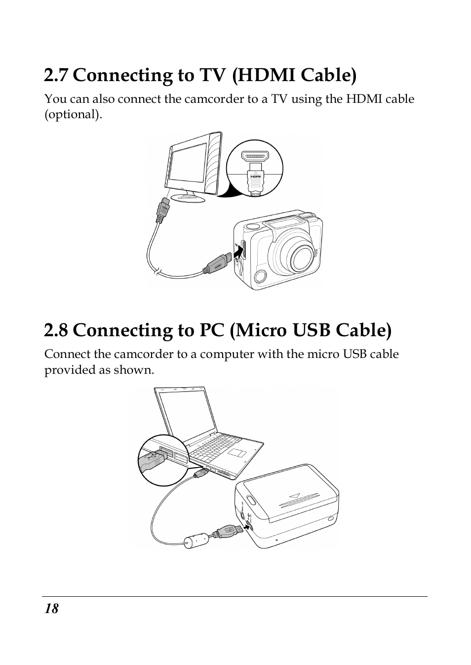7 connecting to tv (hdmi cable), 8 connecting to pc (micro usb cable) | PRAKTICA SC1 User Manual | Page 30 / 65