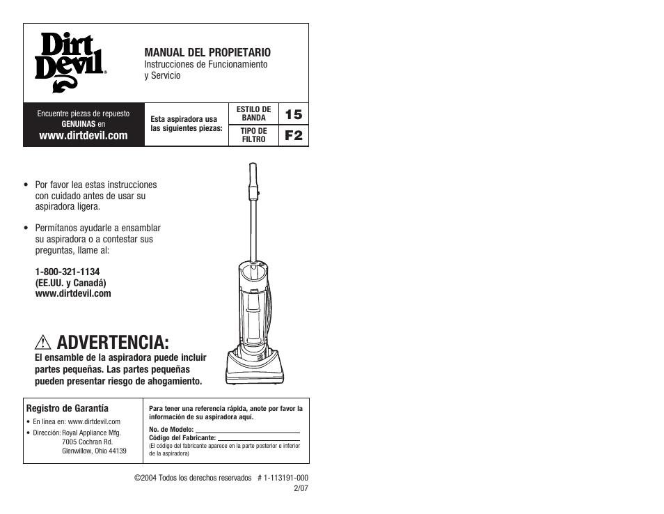 Advertencia, 15 f2 | Dirt Devil 1-113191-000 User Manual | Page 10 / 14