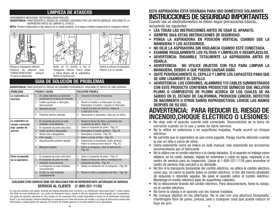Instrucciones de seguridad importantes, Limpieza de atascos, Guia de solución de problemas | Dirt Devil 1-113191-000 User Manual | Page 11 / 14