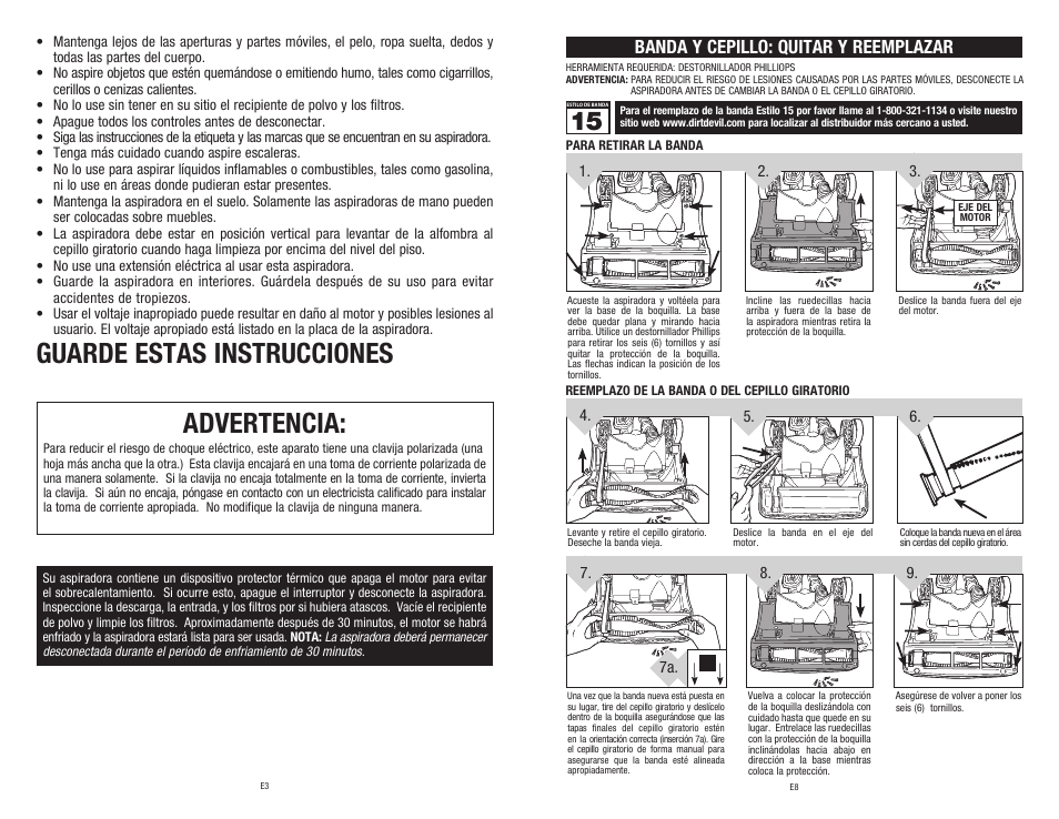 Guarde estas instrucciones, Advertencia, Banda y cepillo: quitar y reemplazar | Dirt Devil 1-113191-000 User Manual | Page 12 / 14