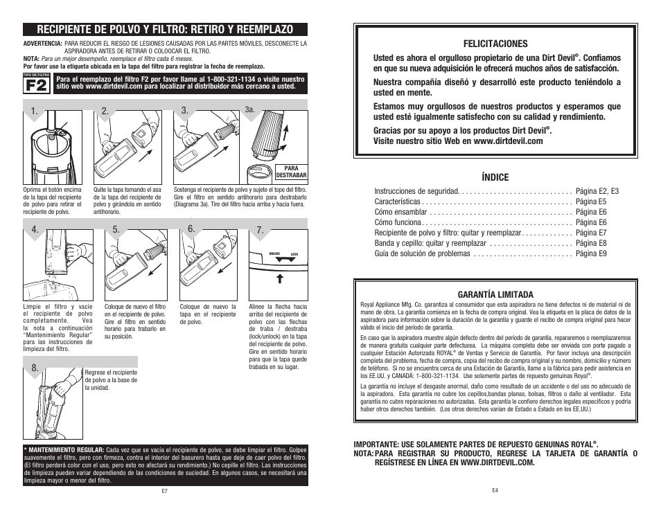 Recipiente de polvo y filtro: retiro y reemplazo, Índice, Felicitaciones | Dirt Devil 1-113191-000 User Manual | Page 13 / 14