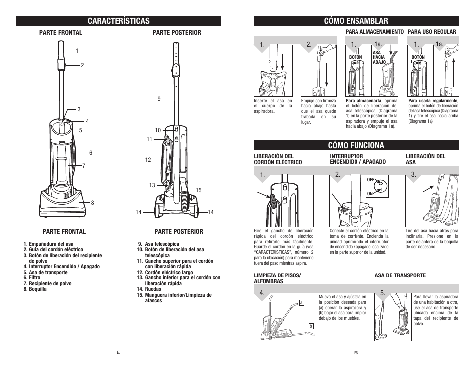 Cómo ensamblar, Características, Cómo funciona | Dirt Devil 1-113191-000 User Manual | Page 14 / 14