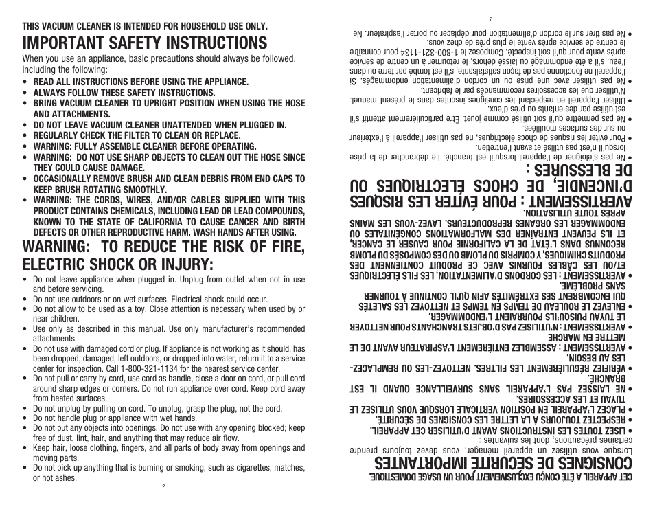 Important safety instructions, Con sig nes de sé cur ité im por tan tes | Dirt Devil 1-113191-000 User Manual | Page 2 / 14