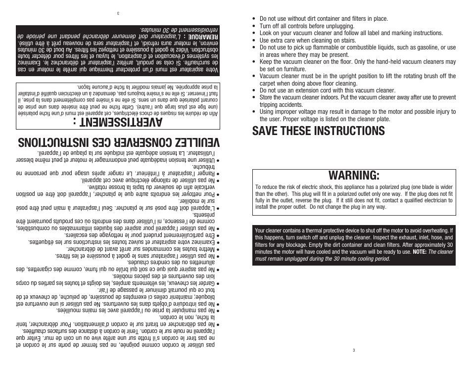 Warning, Save these instructions, Veu ill ez con ser ver ce s in str uct ion s | Avertissement | Dirt Devil 1-113191-000 User Manual | Page 3 / 14