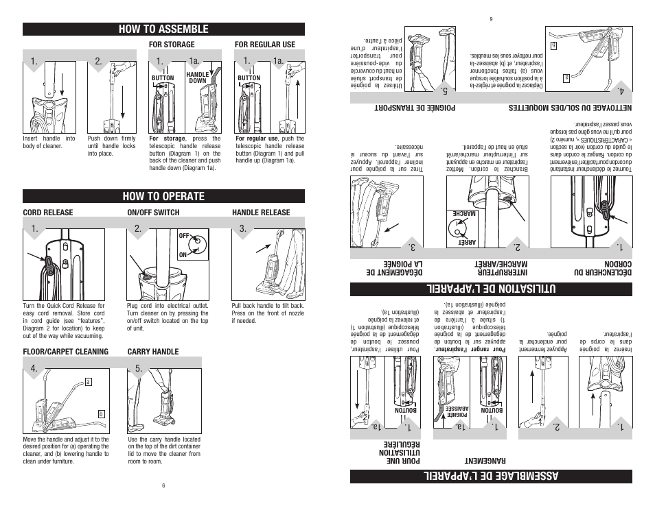 How to assemble how to operate, Assemblage de l’appareil utilisation de l’appareil | Dirt Devil 1-113191-000 User Manual | Page 6 / 14