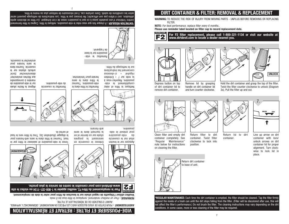 Dirt container & filter: removal & replacement | Dirt Devil 1-113191-000 User Manual | Page 7 / 14