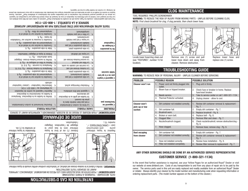 Clog maintenance entretien en cas d’obstruction, Troubleshooting guide, Guide de dépannage | Dirt Devil 1-113191-000 User Manual | Page 9 / 14