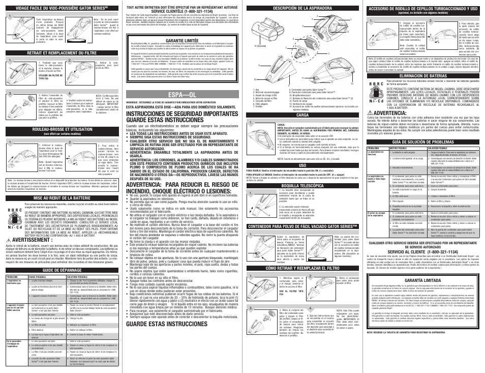 Guarde estas instrucciones espa—ol, Advertencia, Avertissement | Dirt Devil 1-113928-000 User Manual | Page 2 / 2