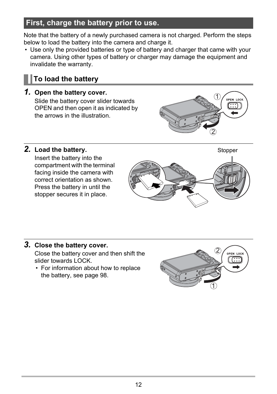 First, charge the battery prior to use, To load the battery | PRAKTICA luxmedia 16-Z24S User Manual | Page 12 / 112