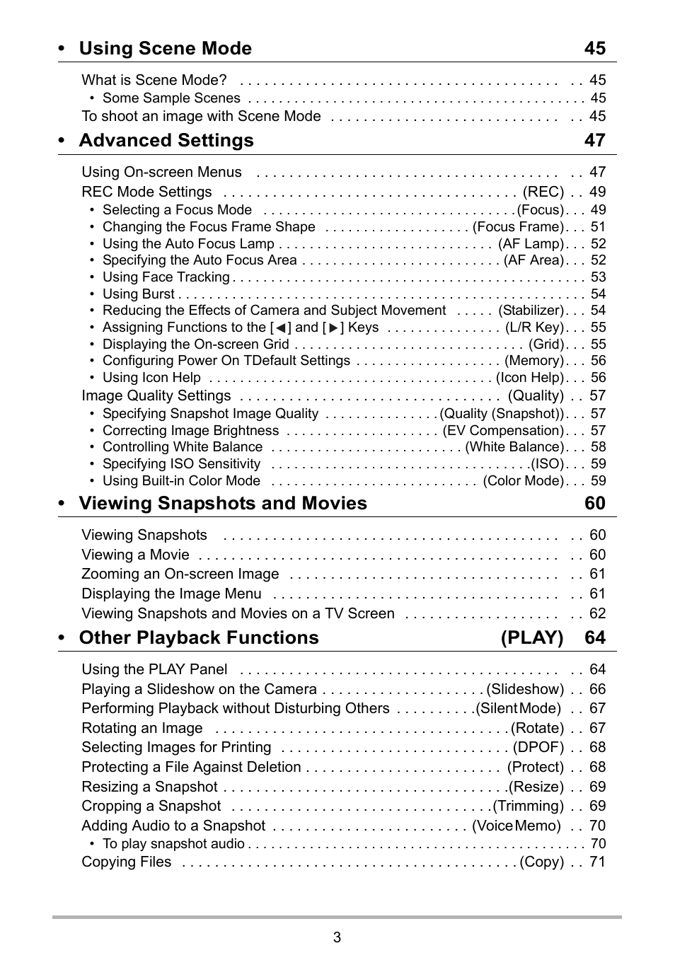 Using scene mode 45, Advanced settings 47, Viewing snapshots and movies 60 | Other playback functions (play) 64 | PRAKTICA luxmedia 16-Z24S User Manual | Page 3 / 112