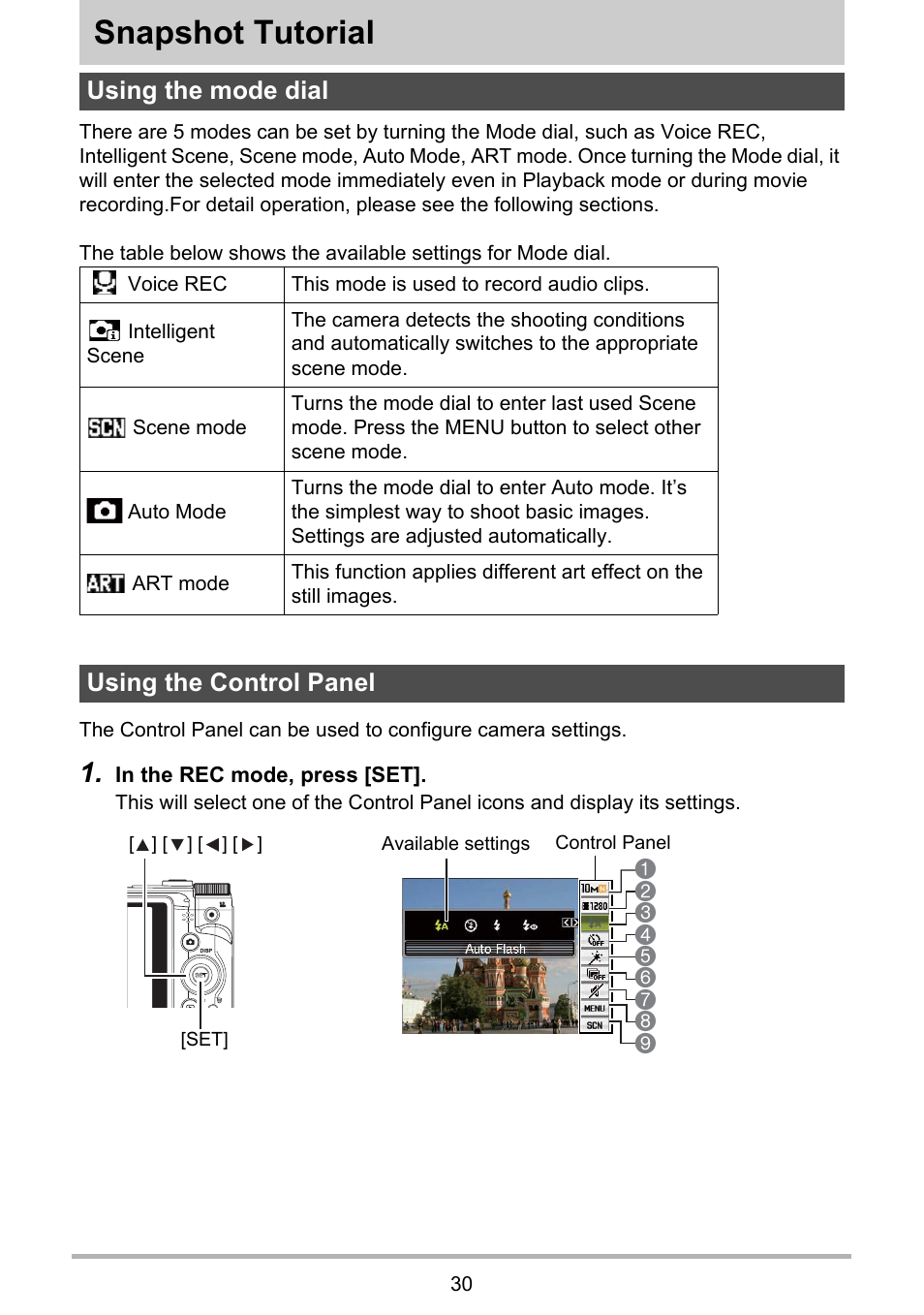 Using the mode dial, Using the control panel, Snapshot tutorial | Using the mode dial using the control panel | PRAKTICA luxmedia 16-Z24S User Manual | Page 30 / 112