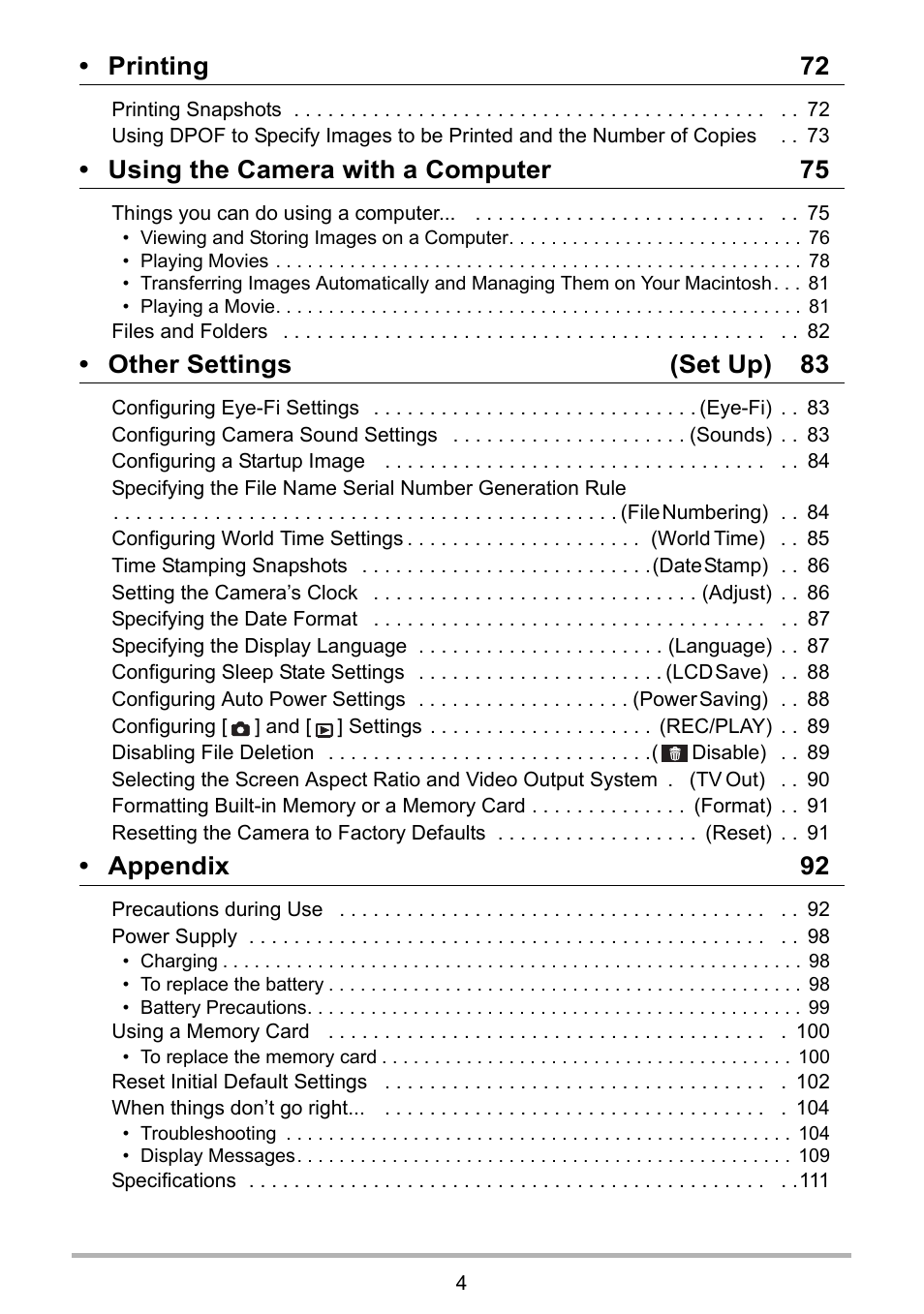 Printing 72, Using the camera with a computer 75, Other settings (set up) 83 | Appendix 92 | PRAKTICA luxmedia 16-Z24S User Manual | Page 4 / 112