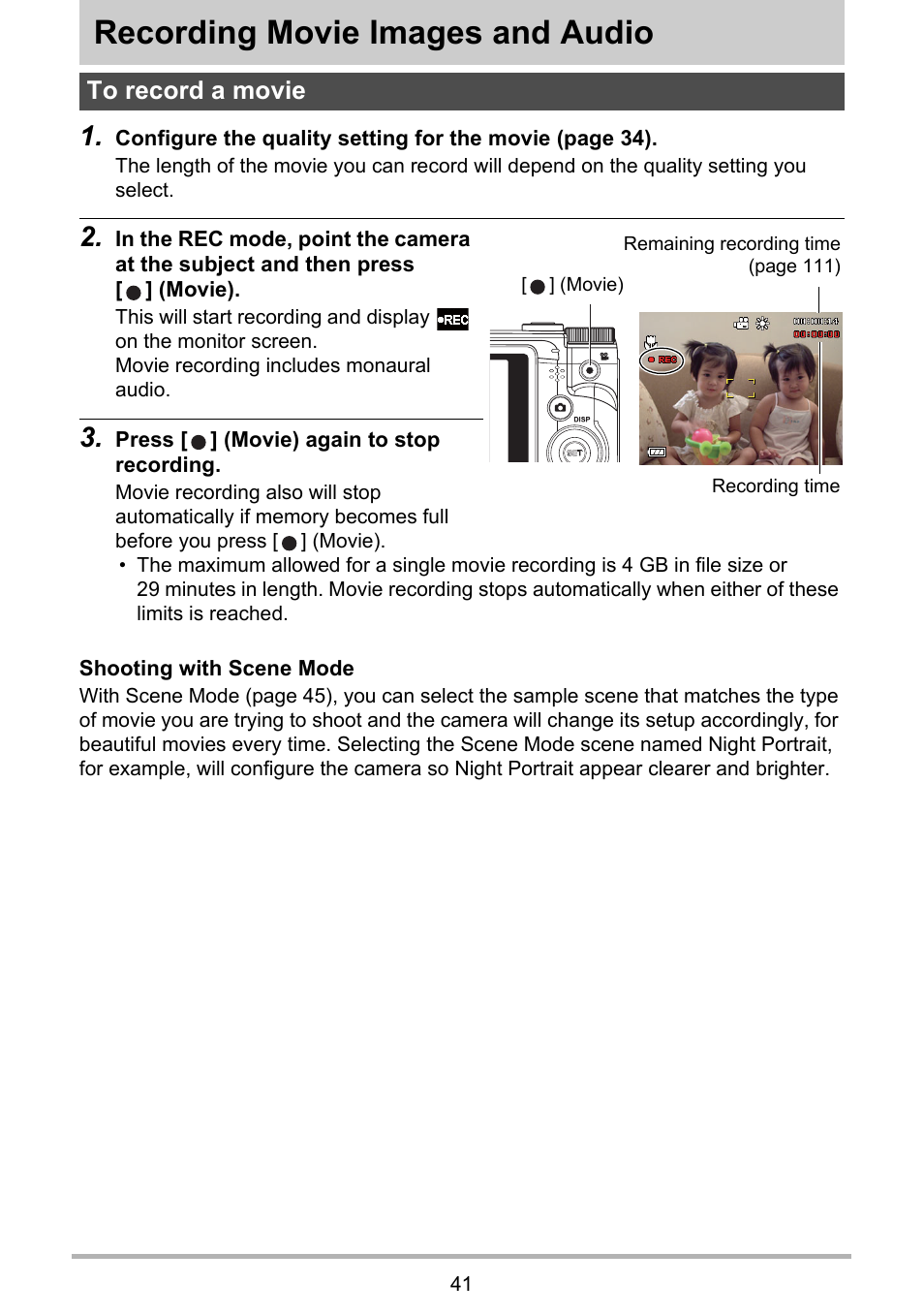 Recording movie images and audio, To record a movie | PRAKTICA luxmedia 16-Z24S User Manual | Page 41 / 112