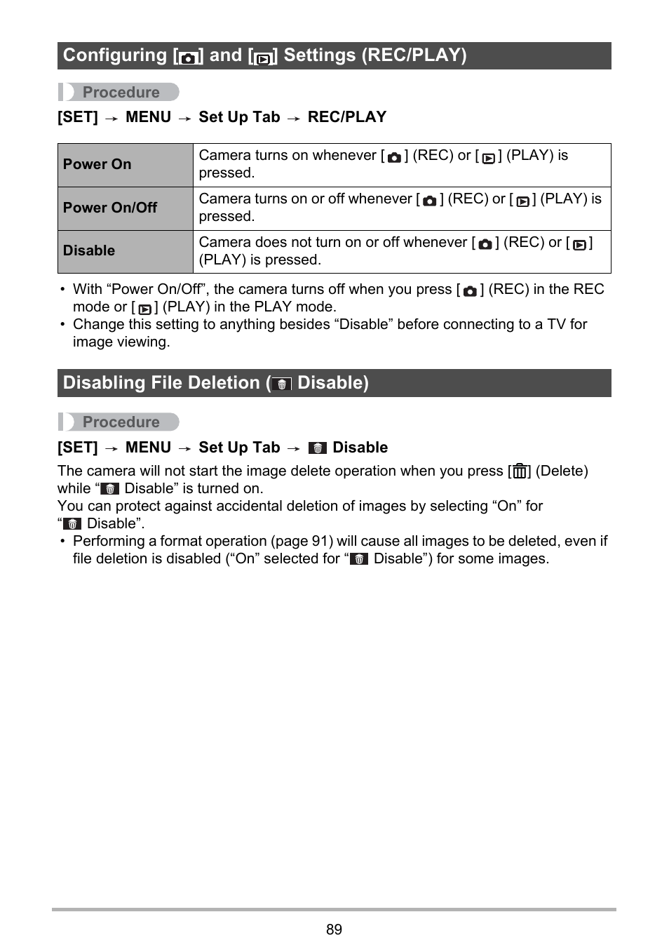 Configuring [] and [] settings (rec/play), Disabling file deletion ( disable), Configuring | Disabling file deletion, Ge 89), Configuring [ ] and [ ] settings (rec/play) | PRAKTICA luxmedia 16-Z24S User Manual | Page 89 / 112