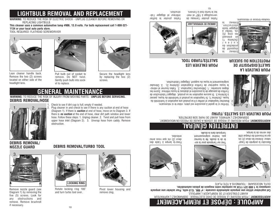 General maintenance, Ampoule : dépose et remplacement, Entretien général | Lightbulb removal and replacement | Dirt Devil Dirt Devil User Manual | Page 10 / 18