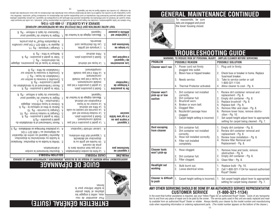 Entretien général (suite) guide de dépannage | Dirt Devil Dirt Devil User Manual | Page 11 / 18