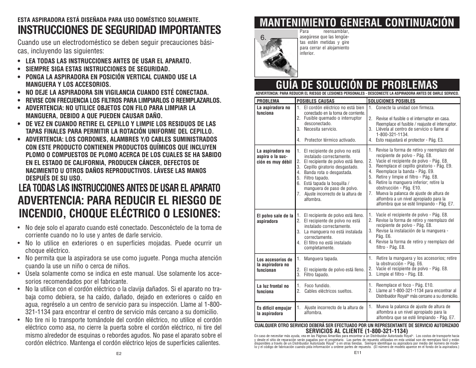 Instrucciones de seguridad importantes, Guía de solución de problemas, Mantenimiento general continuación | Dirt Devil Dirt Devil User Manual | Page 14 / 18