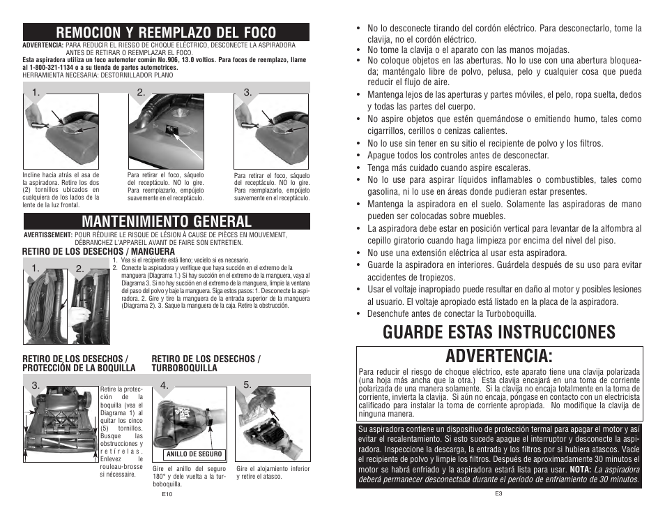 Guarde estas instrucciones advertencia, Mantenimiento general, Remocion y reemplazo del foco | Dirt Devil Dirt Devil User Manual | Page 15 / 18