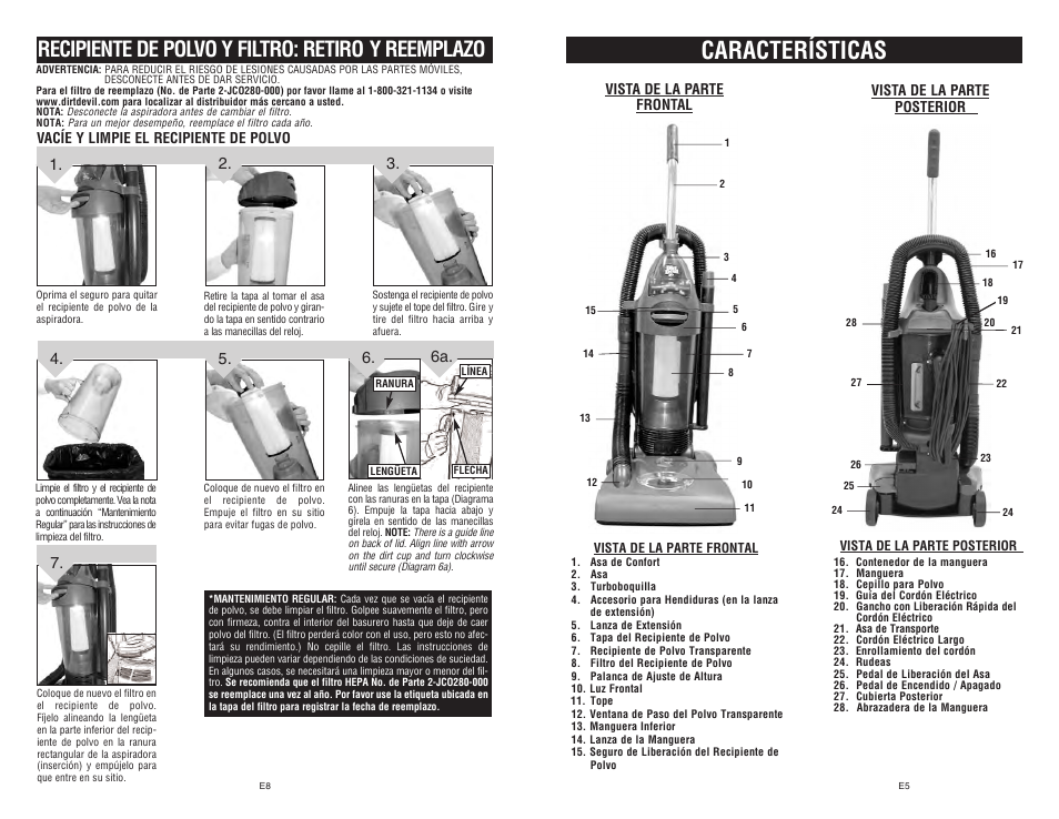 Características, Recipiente de polvo y filtro: retiro y reemplazo | Dirt Devil Dirt Devil User Manual | Page 17 / 18