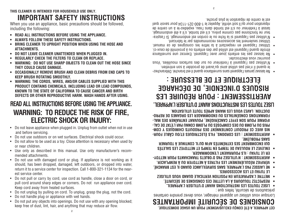 Important safety instructions, Consignes de sécurité import antes, Read all instructions before using the appliance | Dirt Devil Dirt Devil User Manual | Page 2 / 18